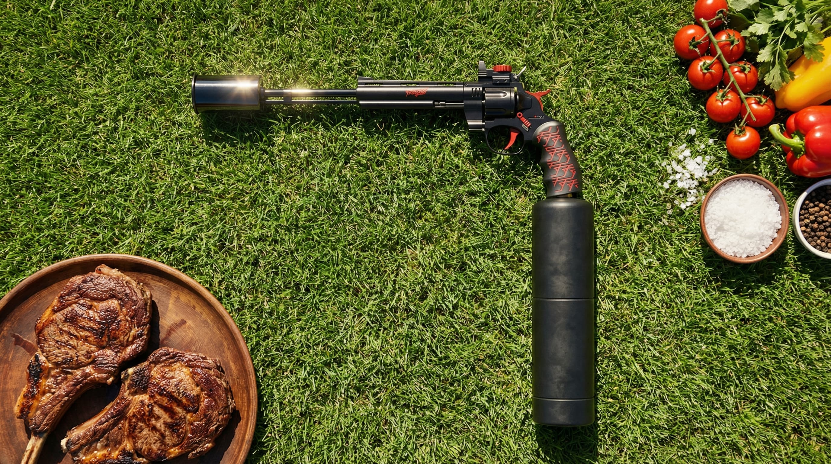 Firegun на столе со стейками и овощами перед барбекю
